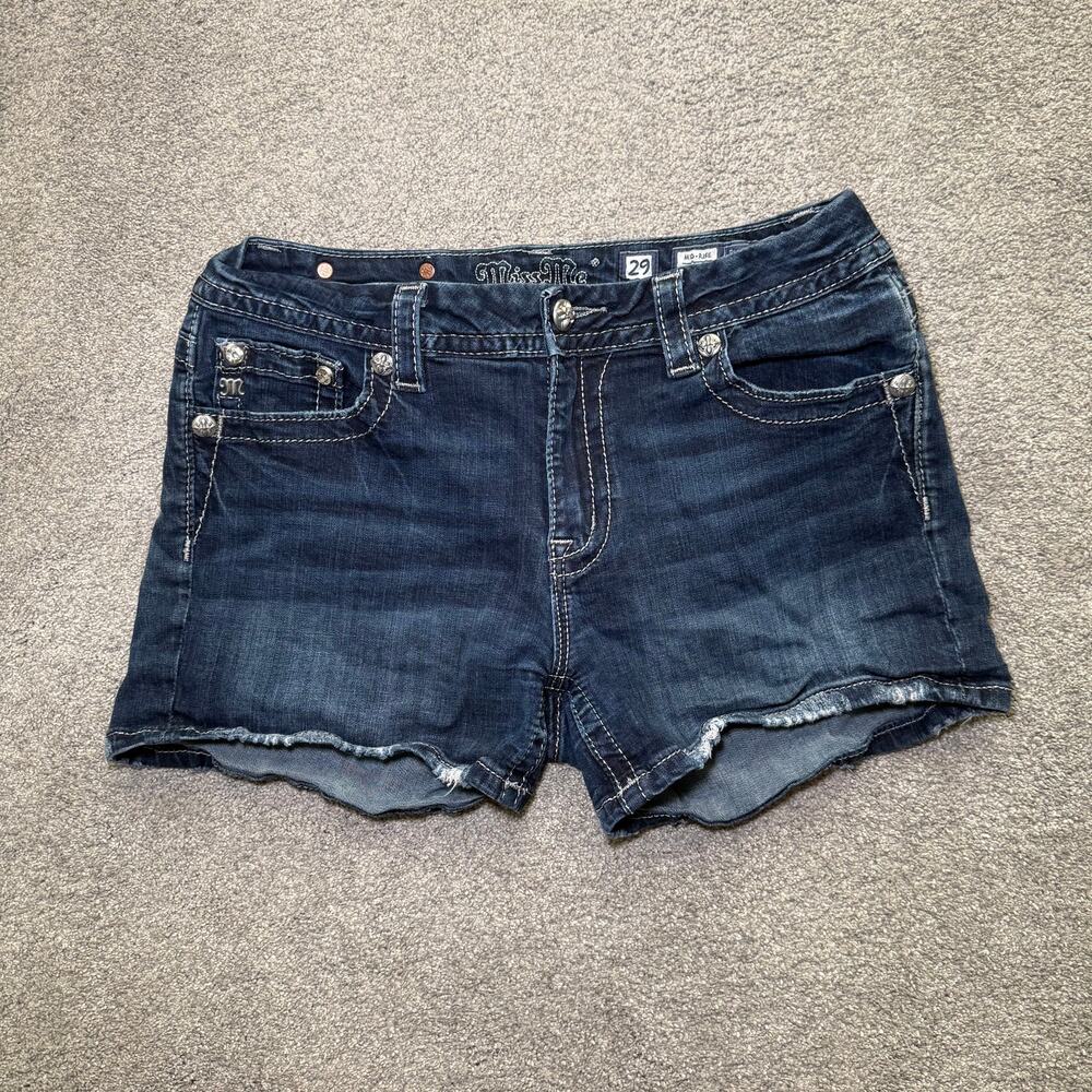 Miss Me Y2K Embroidered Curvy Shorts Women Size 29 Denim Blue Casual - Picture 2 of 7
